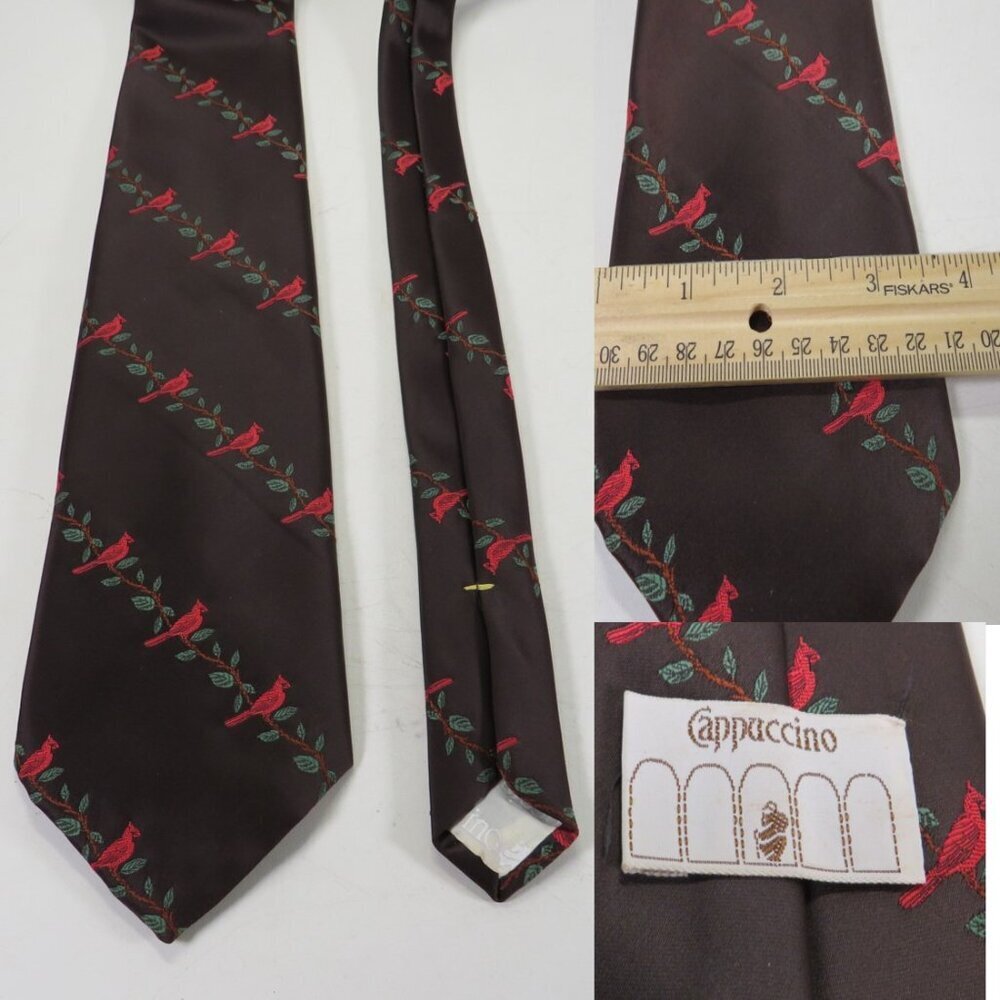 Vintage Dark Brown w Embroidered Cardinal Birds by Cappaccino Men's Necktie